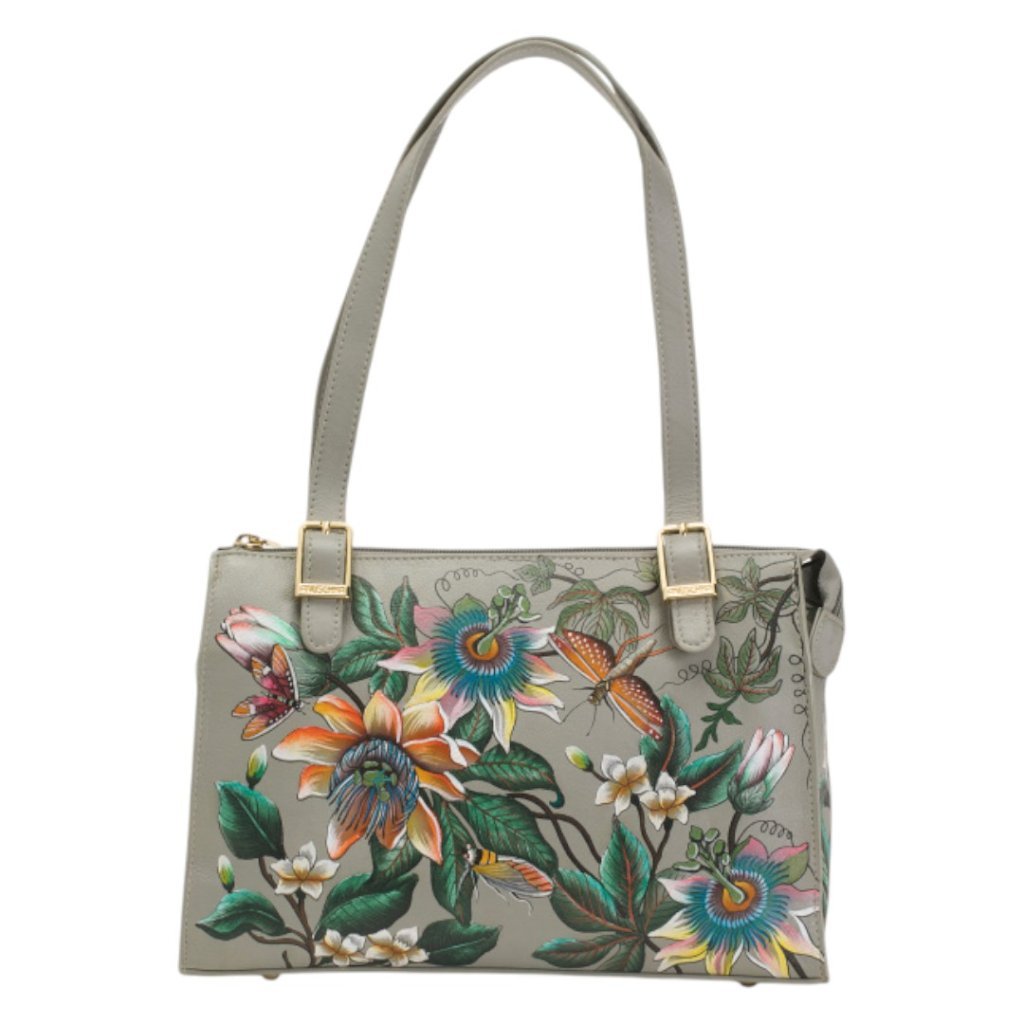 Anuschka Leather Hand Painted Passion Floral Satchel